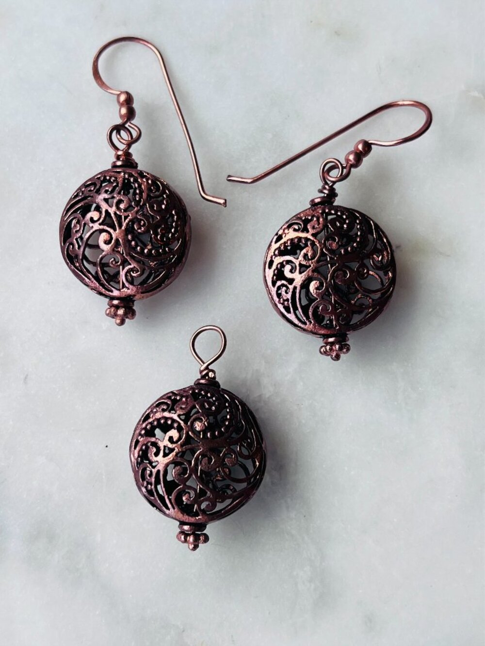Copper Filigree Ball Pendant & Matching Dangle Earrings Jewelry Set Boho